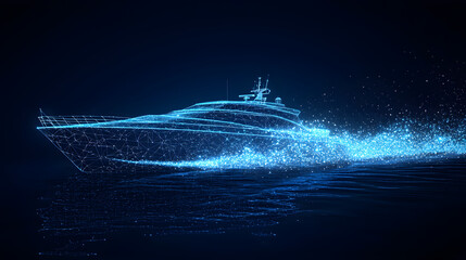 Aufkleber - Futuristic yacht concept visualized in a glowing blue wireframe. Abstract wireframe in dark blue. A modern take on nautical design. Energy trail suggests movement.