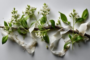 Aufkleber - Elegant arrangement of white flowers and leaves on a textured surface with delicate fabric accents