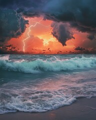 Wall Mural - Lightning strikes over ocean at sunset with waves crashing on shore dramatic sky view