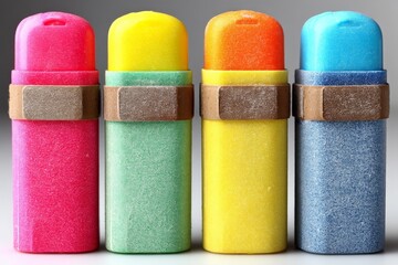 Poster - Colorful chalk sticks arranged neatly on a surface, perfect for outdoor art activities during sunny afternoons in various hues