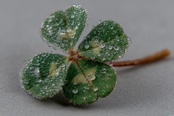 Poster - Four-leaf clover with water droplets resting on a gray surface captured in a close-up