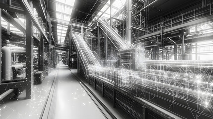 Poster - Monochromatic industrial interior featuring complex machinery, conveyor belts, and glowing data lines. Abstract wireframe in dark blue enhances the visual depth and technical feel.