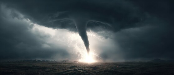 Wall Mural - Dramatic Tornado Touching Down with Lightning Strikes in Dark Stormy Landscape Wide Angle