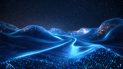 Poster - Ethereal digital landscape featuring undulating hills of glowing blue dots under a starry expanse. A vibrant blue path winds through golden-lit valleys, an abstract wireframe in dark blue.