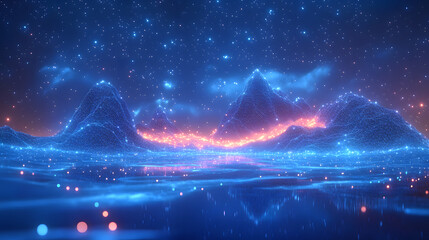 Poster - Futuristic landscape with glowing wireframe mountains mirrored in calm water under a starry sky. Floating lights add a surreal touch to this digital dreamscape. Abstract wireframe in dark blue