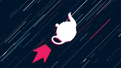 Wall Mural - Teapot for tea symbol flies through the universe on a jet propulsion. The symbol in the center is shaking due to high speed. Seamless looped 4k animation on dark blue background with stars