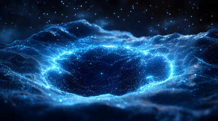 Fototapete - Abstract wireframe landscape with glowing blue dots forming a topographical map. A central crater and scattered 'stars' create depth and a sense of cosmic scale. Abstract wireframe in dark blue