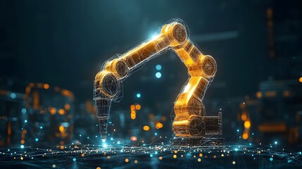 Leinwandbilder - Futuristic robotic arm with glowing gold elements manipulating a blue-lit network on a smart factory floor. High-tech automation and digital connectivity showcase Abstract wireframe in dark blue.