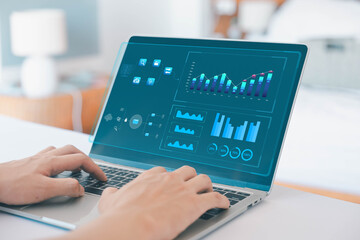 Poster - Businessman analysis shows a digital dashboard chart of the financial database. concept of business management, analytics market. Reporting platform overview, CRM system, ai data research