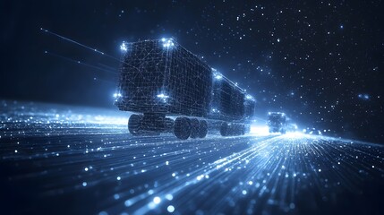 Leinwandbilder - Futuristic tractor-trailers speed across a digital landscape of light, embodying technological advancement. Dark blue abstract wireframe design creates a modern, dynamic scene.