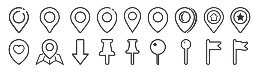 Line Location Map Pin Icons Set Isolated on Transparent. Flat and Outline GPS Marker Collection, Map Position Pointer Symbol, Black Editable Vector