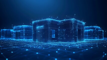 Aufkleber - Futuristic cityscape in glowing blue. Abstract wireframe buildings interconnected with data networks against a dark blue background. Evokes high-tech, digital urbanism. Abstract wireframe in dark blue