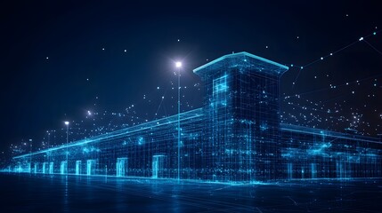 Poster - Futuristic architectural design featuring a wireframe building with a tower element under glowing streetlights. Reflective ground and deep blue night sky. Abstract wireframe in dark blue