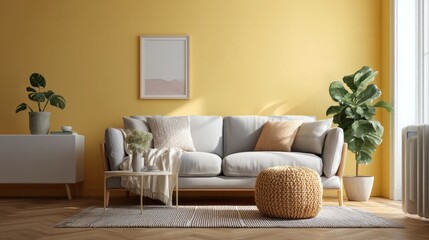 Fototapete - Bright yellow walls surround a stylish living room featuring a comfortable grey sofa adorned with cushions. A cozy pouf and lush greenery complete the warm, inviting space