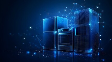 Aufkleber - Futuristic kitchen appliances rendered in a blue wireframe style, interconnected by a data network. High-tech design for a smart home concept. Abstract wireframe in dark blue.