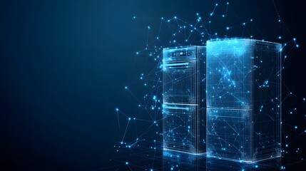 Poster - Futuristic refrigerators glow with interconnected blue lines against a dark blue backdrop, suggesting advanced cooling technology. Abstract wireframe in dark blue.