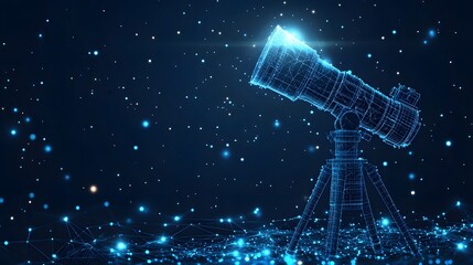 Fototapete - Stargazing goes digital. A blue wireframe telescope observes a luminous starfield, merging cosmic exploration with tech. Perfect for science and tech projects. Abstract wireframe in dark blue