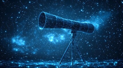 Poster - Abstract wireframe telescope gazing into a starlit dark blue expanse. Cosmic constellations and digital astronomy merge, creating a modern visualization of space exploration. Celestial wonder.