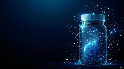 Fototapete - Futuristic jar containing a glowing blue sphere, radiating energy. Abstract wireframe design with a technological feel against a dark gradient backdrop. Abstract wireframe in dark blue.
