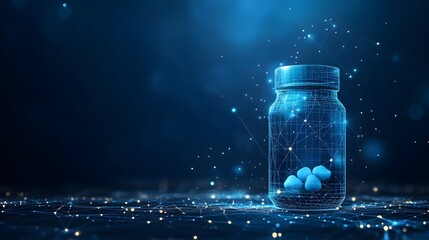 Fototapete - Abstract wireframe rendering of a jar with blue pills on a dark blue background. Futuristic digital feel with network of connected lights under jar. Abstract wireframe in dark blue