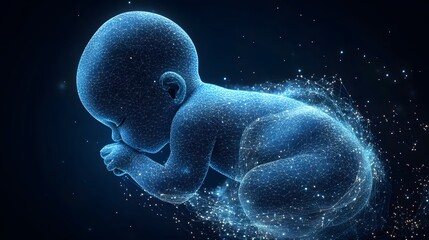 Aufkleber - Abstract wireframe of a fetus, glowing particles symbolizing life and potential. Futuristic, technological concept against a dark, star-filled backdrop. Abstract wireframe in dark blue