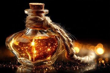Aufkleber - Golden glittering potion bottle with cork and rope against a dark background