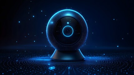 Leinwandbilder - Futuristic webcam on a blue digital surface. Glowing blue particles enhance the high-tech aesthetic. Sleek design for modern communication, Abstract wireframe in dark blue.