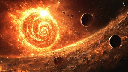 Wall Mural - an illustration of the solar system's planets with spiral planet names and a big sun as the backgrou