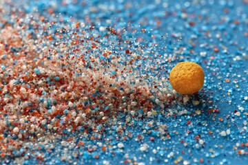 Aufkleber - Colorful particles scatter around a small ball on a blue surface during a creative art project in a bright indoor setting