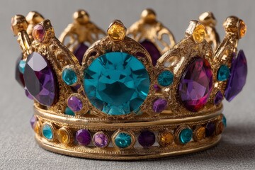 Poster - Colorful crown adorned with gemstones displayed on textured surface in soft lighting for jewelry presentation and photography