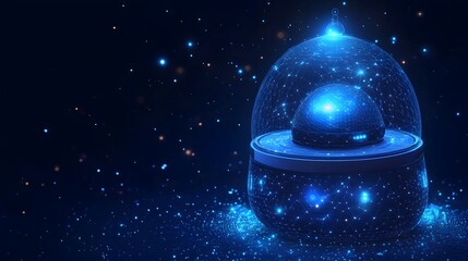 Fototapete - Futuristic digital sculpture featuring glowing blue networked lights. Domed shape with a technological aesthetic. Perfect for showcasing innovation and abstract wireframe in dark blue.