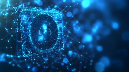 Fototapete - Futuristic blue grid structure with concentric circles connected to dots by lines, creating a high-tech network. Blurred blue background evokes a digital environment. Abstract wireframe in dark blue.