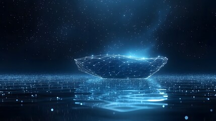 Fototapete - Ethereal bowl structure glows against a starry night. Reflective surface mirrors the light, creating a surreal abstract. Abstract wireframe in dark blue