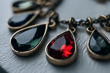 Aufkleber - Detailed close-up of various gemstone pendants arranged on a textured surface in soft light