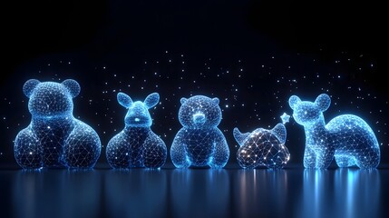 Fototapete - Futuristic animal parade shimmers in the night. Holographic bear, rabbit, hippo with star, and deer glow against the dark sky. Abstract wireframe in dark blue