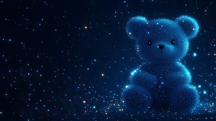 Fototapete - Glowing, low-poly blue teddy bear against a starry, dark blue backdrop. Futuristic, digital aesthetic with sparkling lights creating a dreamy, magical ambiance. Abstract wireframe in dark blue.