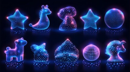 Fototapete - Futuristic neon objects glow against a dark backdrop. Wireframe designs of stars, horses, and geometric shapes create a modern, vibrant scene. Abstract wireframe in dark blue.