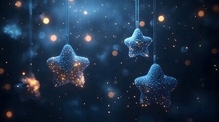 Aufkleber - Ethereal Christmas: four blue wireframe star ornaments with orange lights twinkle against a deep blue, starry backdrop. Festive holiday magic for seasonal designs. Abstract wireframe in dark blue