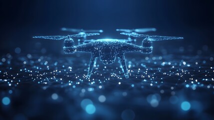 Aufkleber - Futuristic glowing blue wireframe drone against a dark blue backdrop speckled with bokeh lights. Captivating tech imagery. Aerial innovation. Abstract wireframe in dark blue.