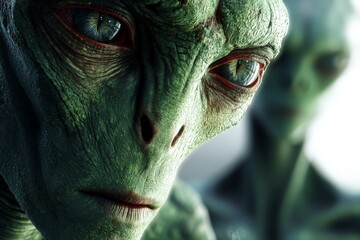 Aufkleber - Detailed close-up of a green alien creature showing intense expression in a futuristic setting