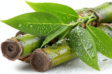 Poster - Freshly cut bamboo stalks with vibrant green leaves and water droplets on a white background