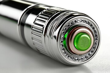 Poster - Stylish metallic flashlight with luminous green button on a clean white background showcasing its sleek design