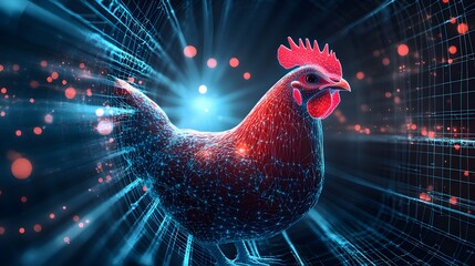 Fototapete - Striking digital illustration of a red chicken with a blue wireframe overlay. Set against a dark background with bokeh and light streaks, it evokes a modern feel. Abstract wireframe in dark blue.