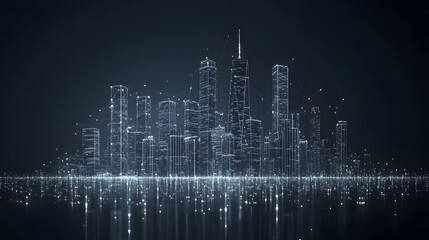 Aufkleber - Futuristic city skyline at night. Wireframe buildings glow against dark blue, reflected in shimmering water. Interconnected lines evoke digital connectivity. Abstract wireframe in dark blue.