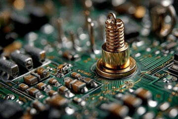 Leinwandbilder - Close view of a circuit board showcasing intricate components and a metal spring antenna during electronic assembly