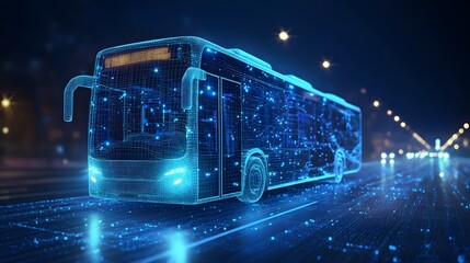 Fototapete - Futuristic wireframe city bus speeding on a glowing blue grid road. High-tech transportation concept with blurred lights in a dark blue, modern urban environment. Abstract wireframe in dark blue.