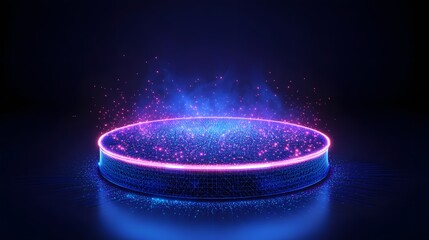 Fototapete - Futuristic platform aglow, radiates vibrant blue and electric pink. Abstract wireframe in dark blue. Dynamic scene perfect for tech or design-focused visuals. Energetic spark!