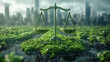 © thien - Green balance scale in nature with city background symbolizing environmental justice