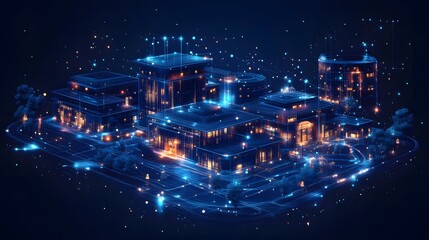 Fototapete - Futuristic cityscape with illuminated wireframe buildings and networked data flow. A stylized, abstract representation of urban technology with an Abstract wireframe in dark blue.