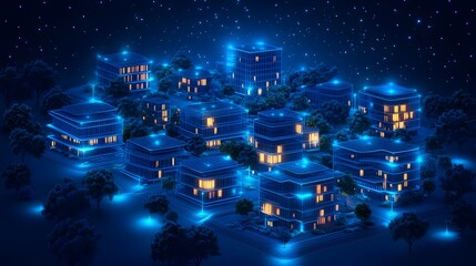 Fototapete - Futuristic cityscape at night radiates a high-tech urban ambiance. Glowing blue wireframe buildings illuminate the scene with orange windows. Abstract wireframe in dark blue.